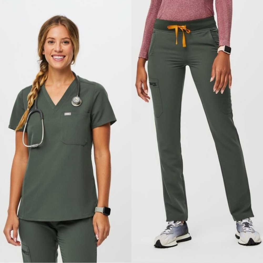 Figs Moss Green Scrub SET Catarina Top and Yola Skinny Pants XS